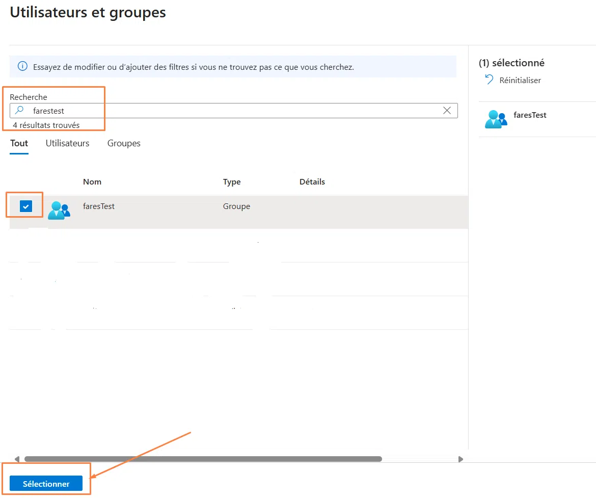 Azure - Créer votre propre application - Sélection d'un groupe - Exemple