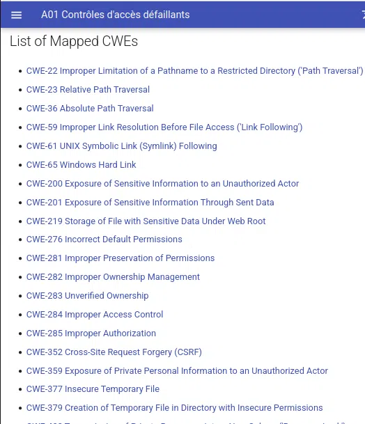 Exemple de CWE pour la catégorie Contrôles d'accès défaillants.