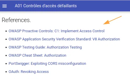 Exemple de références pour la catégorie Contrôles d'accès défaillants.