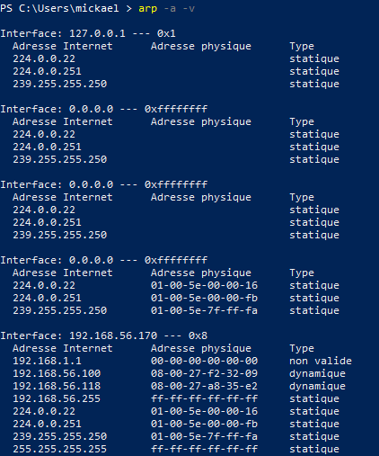 Affichage d’une table ARP (ou cache ARP) sous Windows.