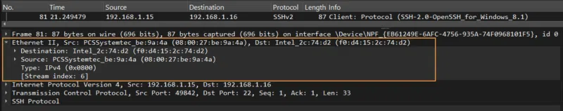 Paquet réseau SSH analysé via Wireshark.