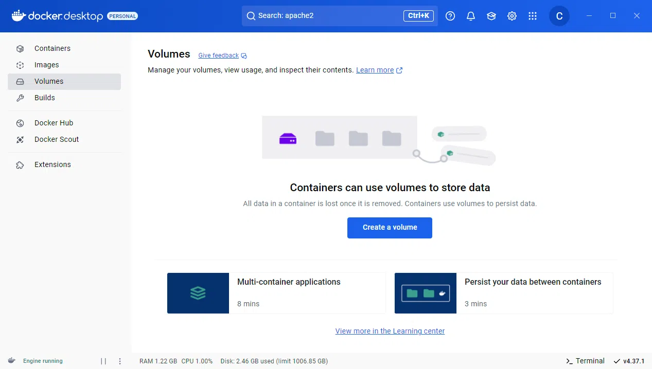 Windows - Docker Desktop - Liste des volumes