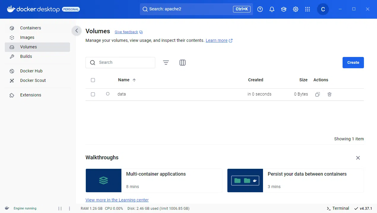 Windows - Docker Desktop - Liste des volumes