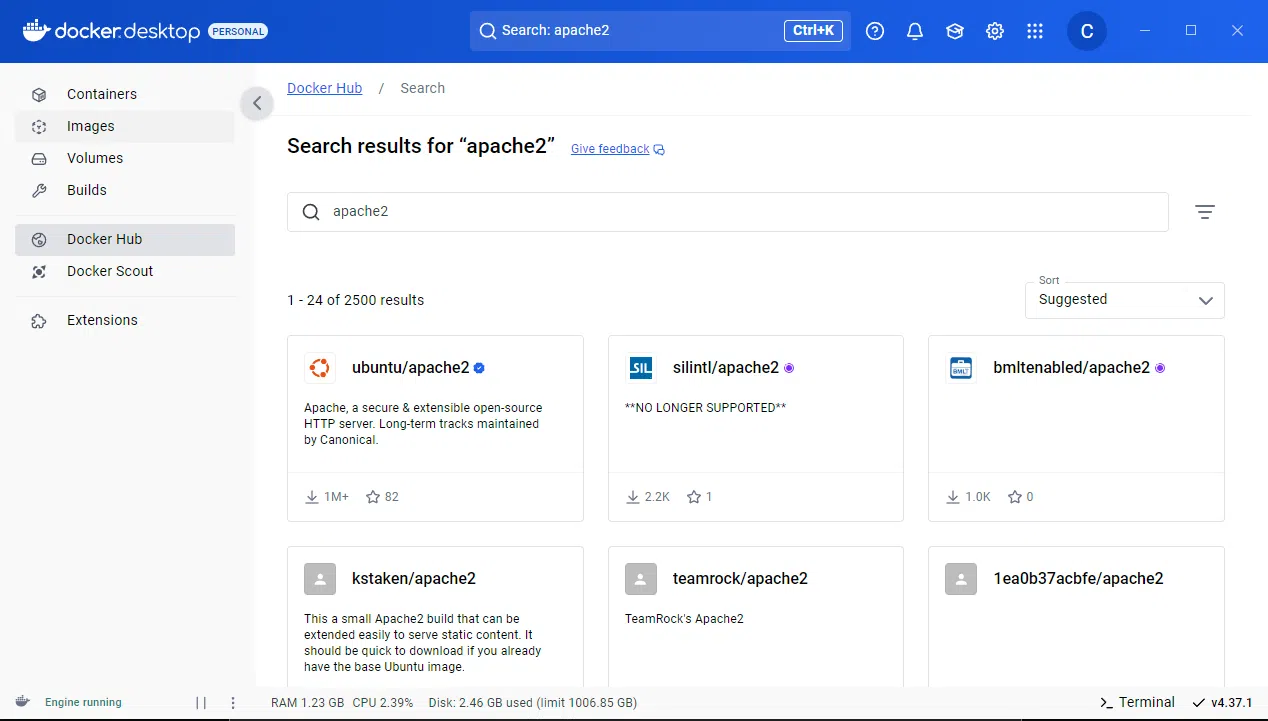 Windows - Docker Desktop - Onglet Docker Hub