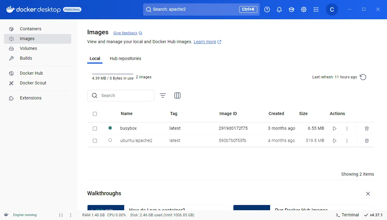 Windows - Docker Desktop - Liste des images locales