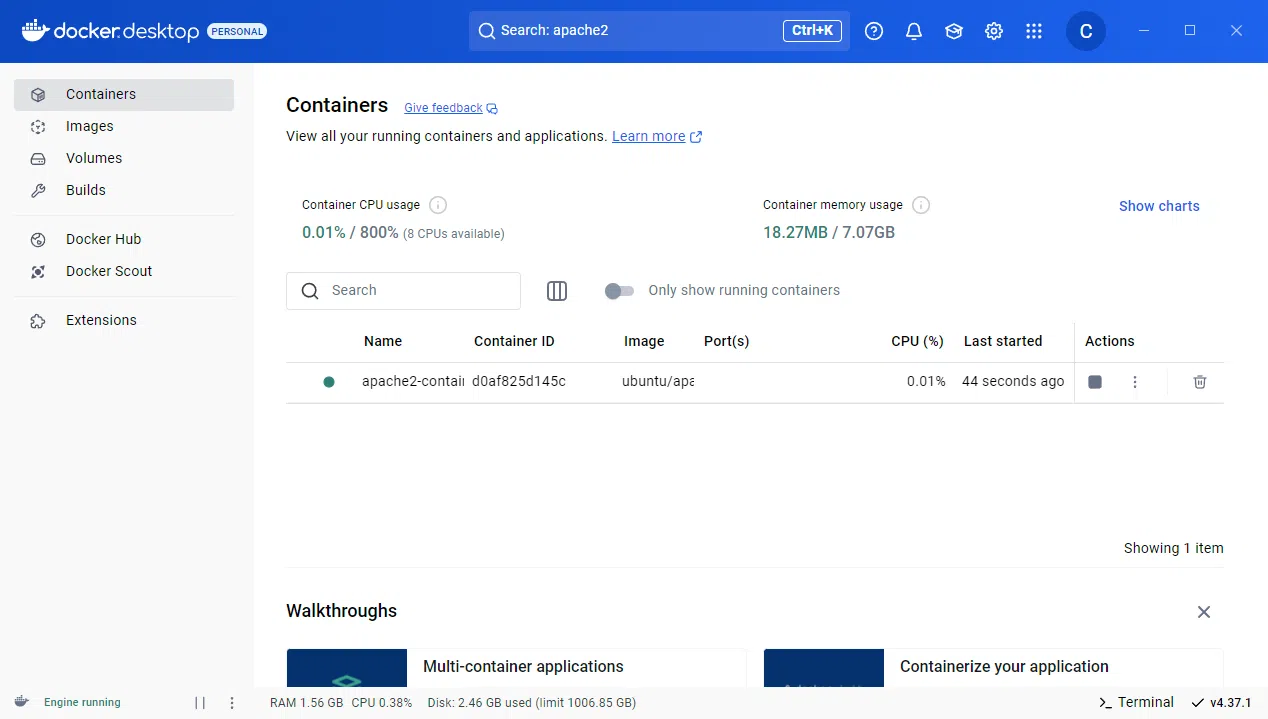 Windows - Docker Desktop - Containers en cours d'exécution