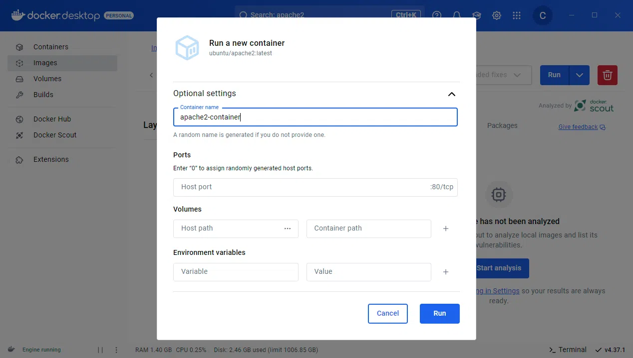 Windows - Docker Desktop - Lancer un nouveau conteneur